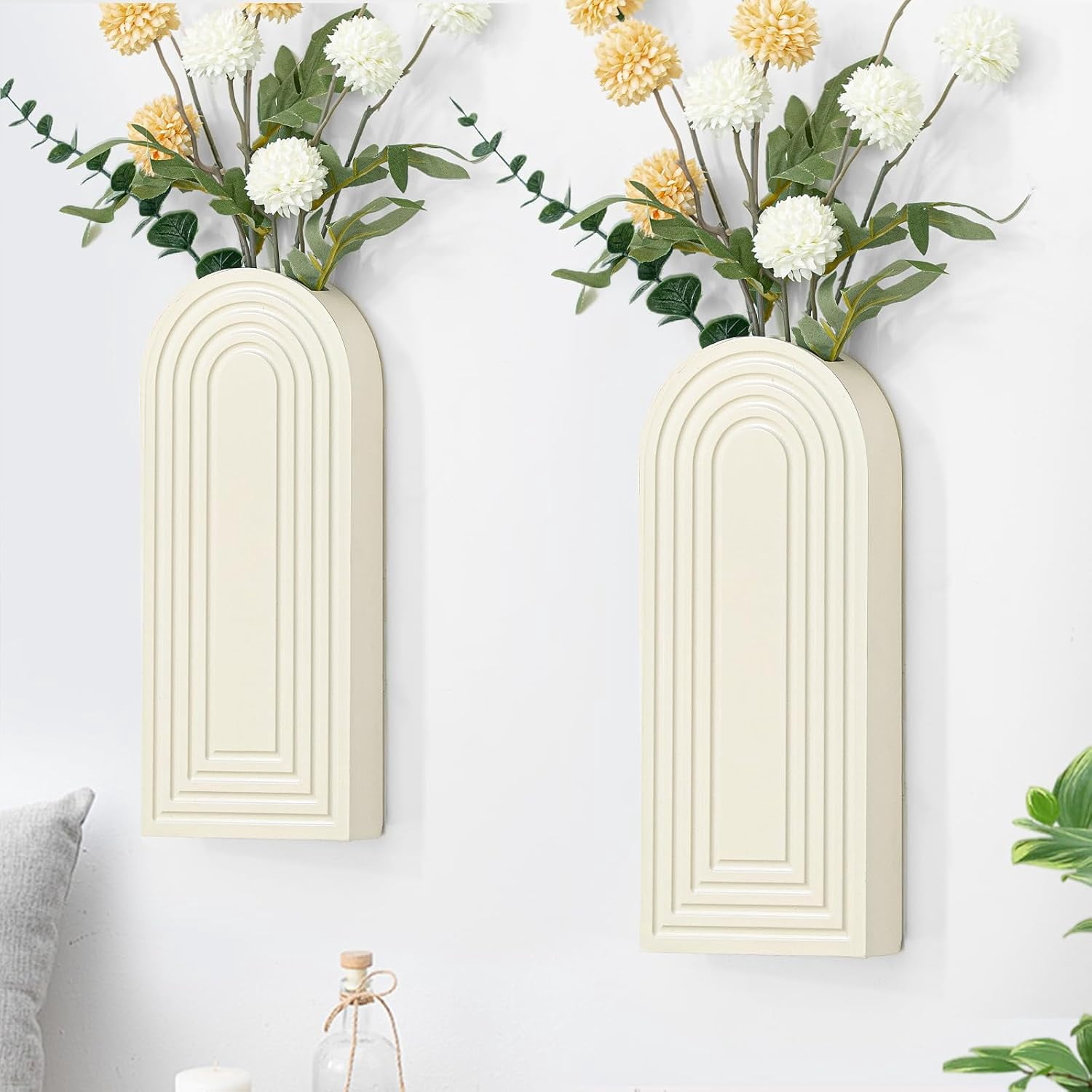 Wooden Wall Planter Vase Set of 2, Boho Hanging Planter for Indoor Plants & Flowers, Natural Wood Wall-Mounted Planters for Art Home Decor - Living Room, Bedroom, Bathroom, Patio