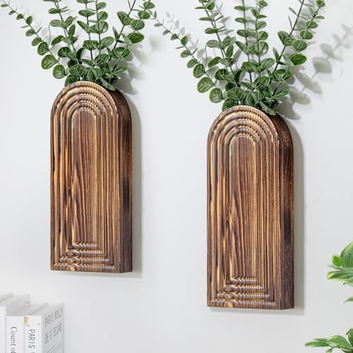 Wooden Wall Planter Vase Set of 2, Natural Wood Wall-Mounted Planters for Art Home Decor - Living Room, Bedroom, Bathroom, Patio (Brown)