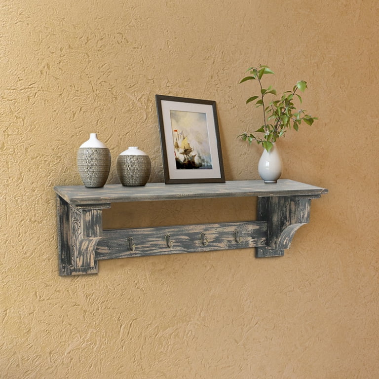 Wooden Wall Shelf with 4 Hooks and Carved Side Frames Distressed