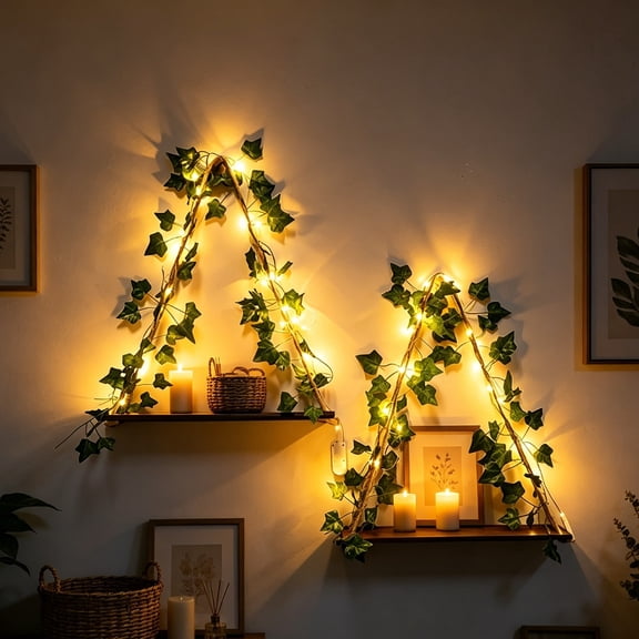 Wooden Wall Shelves, Floating Wall Shelves, LED String Lights Decorative Hanging Shelves with Artificial Leaves, Easy Mounting Hardware Included, Suitable for Bedroom Living Room Bathroom Decor
