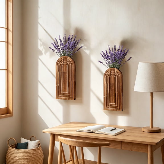 Wooden Wall Vase with Fake Plants, Boho Modern Wall Hanging Planter, Space Saving Wall Mount Shelf, Decorative Indoor Storage Rack for Entryway Bathroom Living Room Brown
