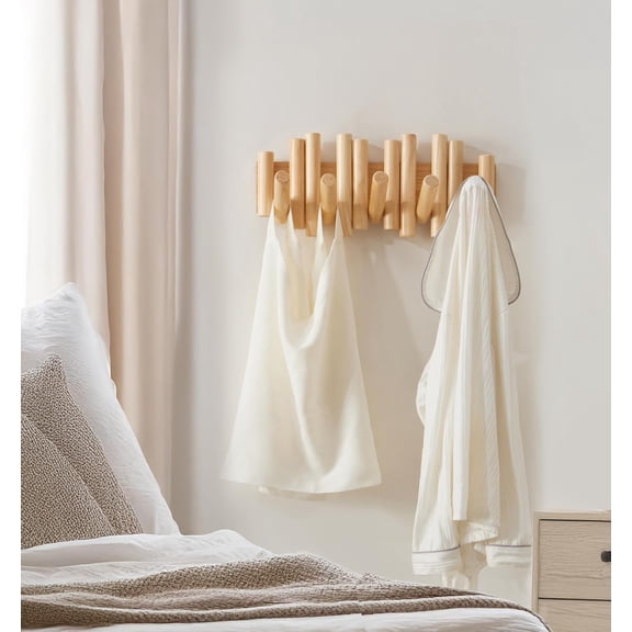 Wooden Wall mounted wood coat rack | 15 inches long , 6.5" high, with 5 Flip-Down Hooks | Modern Natural Pine Wood Finish | Decorative Hanging Storage Wall Hooks for Entryway or Bedroom