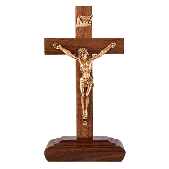 Wooden Walnut Finish Standing Catholic Crucifix Cross with Gold Toned Jesus Christ, 6 Inch