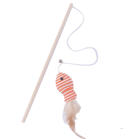 Wooden Wand Cat Teaser Toy with Elastic Rope and Paper String Fish, Interactive Chew Toy for Indoor Cats Play, Orange