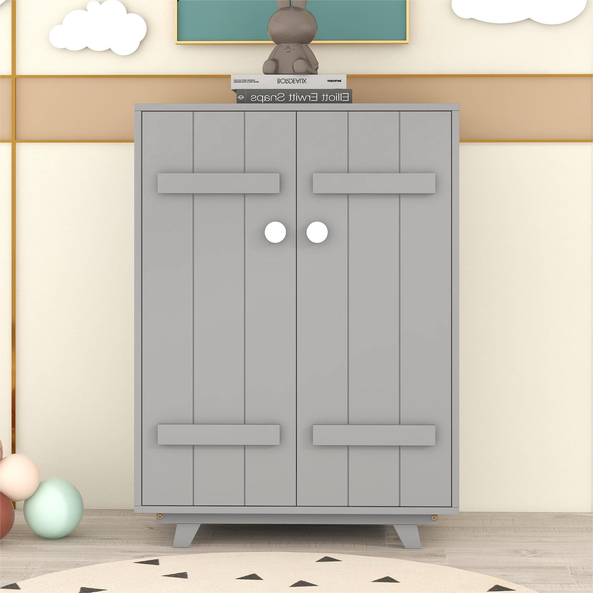 Wooden Wardrobe Cabinet with Hanging Rod, Freestanding Armoire Closet ...