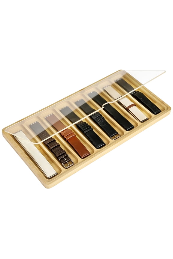 Wooden Watch Band Organizer with Dustproof Clear Lid, 8-Slot Storage Display Box for Strap Collection, 14.8 x 7.6 x 0.7 in Universal Watch Holder Organizer for Leather, Metal, Rubber Bands