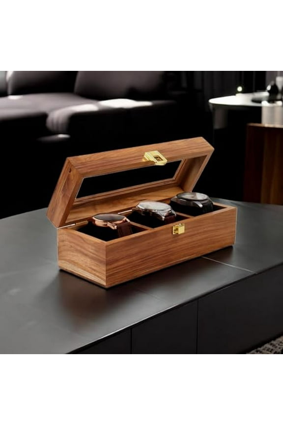 Wooden Watch Box, Watch Display Case, Watch Storage Organizer, Watch Box with Lid, Jewelry Storage, Key Storage Box, Gift for Men & Women - 3, 6, 9, 12 Slots, Handcrafted in Teakwood. (3 Slots)