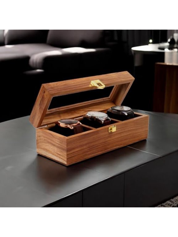 Wooden Watch Box, Watch Display Case, Watch Storage Organizer, Watch Box with Lid, Jewelry Storage, Key Storage Box, Gift for Men & Women - 3, 6, 9, 12 Slots, Handcrafted in Teakwood. (3 Slots)