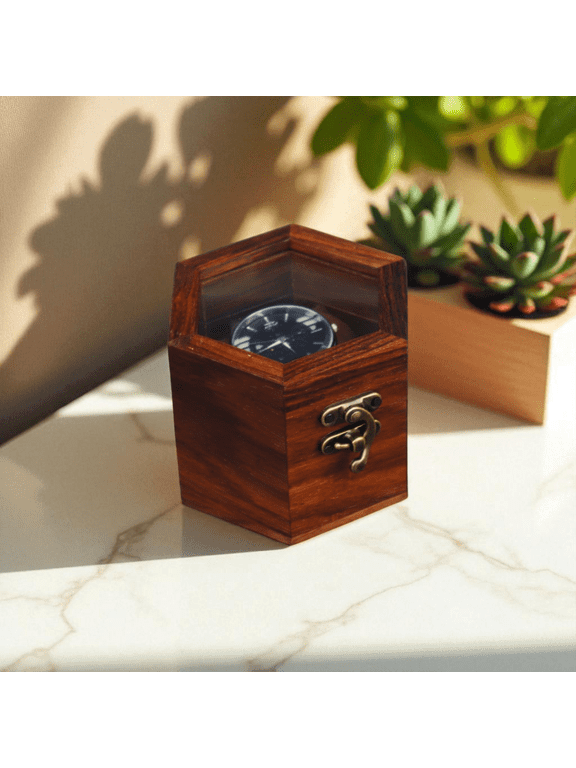 Wooden Watch Box, Watch Display Case with One Slot, Jewelry Box, Watch Storage Box - Sheesham Wood Crafted with Glass Lid & Swing Lock