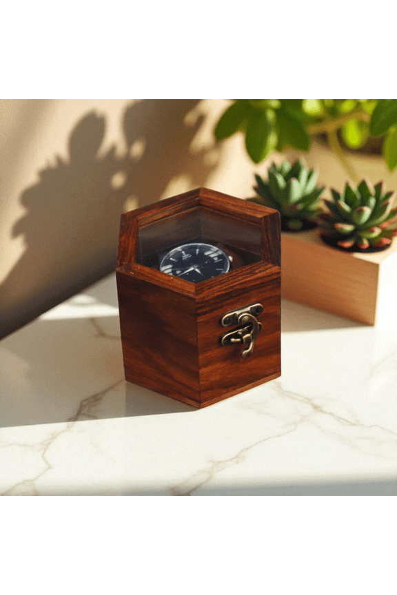 Wooden Watch Box, Watch Display Case with One Slot, Jewelry Box, Watch Storage Box - Sheesham Wood Crafted with Glass Lid & Swing Lock