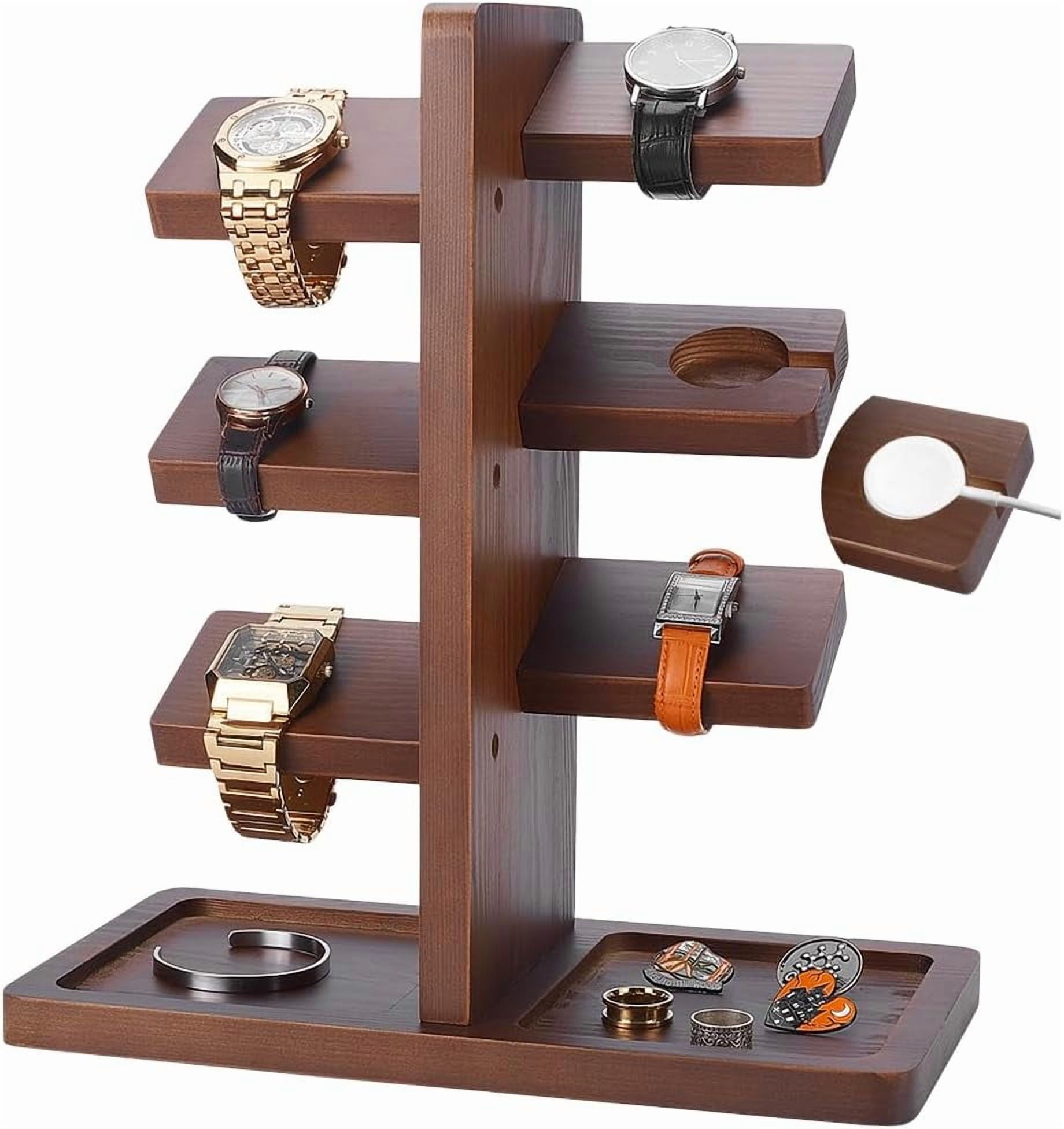 Wooden Watch Holder Stand with Charging Station Coconut Brown Watch Display Tower Jewelry Organizer for Rings Coins Bracelets Necklaces Great Father's Day Gift for Men for DIY