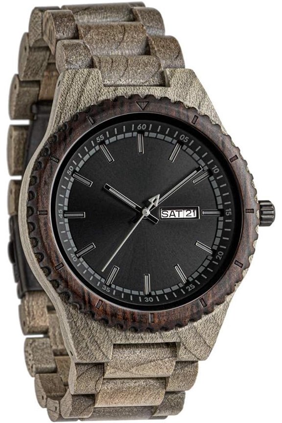 Wooden Watch for Men with Adjustable Band and Stainless Steel Clasp - Day-Date Quartz Analog Watch with Box - Wrist Watch Made from Real Ebony Gifts for Men