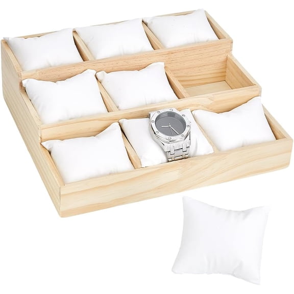 Wooden Watch Tray 3-Tier 9 Grids Watch Organizer Stepped Jewelry Tray Bracelet Bangle Display Case Holder Jewelry Show Trays with Adjustable Pillow