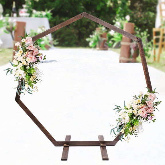 Wooden Wedding Arch Stand 7.2FT, Heptagonal Wedding Arbor Wood Arch Backdrop Stand for Ceremony, Wood Arch Backdrop Stand for Outside Birthday Party Decor, Brown