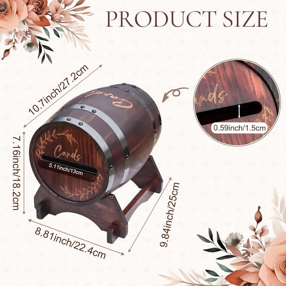 Wooden Wedding Card Box for Party with Base, Brown Whiskey Barrel Gift Cards Holder with Slot, Rustic Envelope Money Card Box for Wedding Graduation Bridal Shower Party Decoration