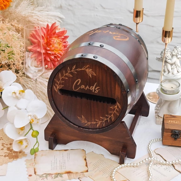 Wooden Wedding Card Box for Party with Base, Brown Whiskey Barrel Gift Cards Holder with Slot, Rustic Envelope Money Card Box for Wedding Graduation Bridal Shower Party Decoration