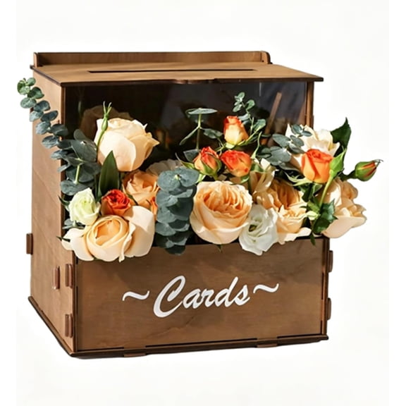 Wooden Wedding Card Box, Rustic Brown with Acrylic Visible Window