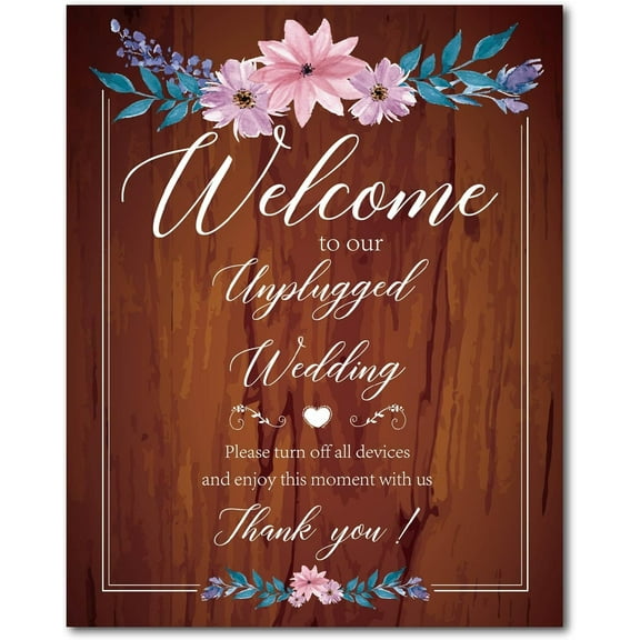 Wooden Wedding Ceremony Sign Welcome to Our Unplugged Wedding Please Turn Off All Devices and Enjoy This Moment with Wood Sign Plaque Hanging Plaque for Memorial Decor 7.8 x 9.8in brown