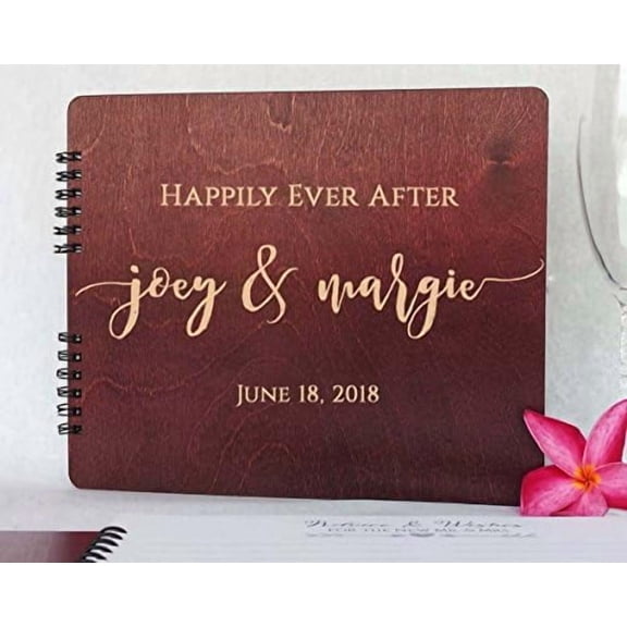 Wooden Wedding Guest Book Personalized (11"x8.5", Mahogany Stain) Wood for Bride and Groom Vintage Alternative Anniversary Bridal Party Guest Album Photo Booth Guestbook Made in USA