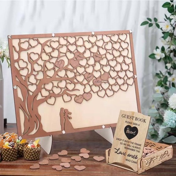 Wooden Wedding Guest Book Tree Sign, DIY Assembly Heart Drop Top Guestbook Keepsake, Rustic Wedding Reception Table Decor with Stand and Heart Tokens