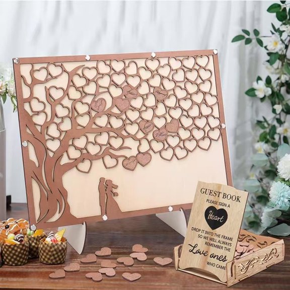 Wooden Wedding Guest Book Tree Sign, DIY Assembly Heart Drop Top Guestbook Keepsake, Rustic Wedding Reception Table Decor with Stand and Heart Tokens