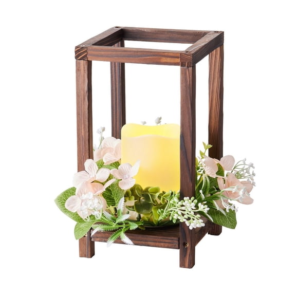 Wooden Wedding Lantern Centerpiece - 10 Set Rustic Table Decor, Flameless LED Candles & Flower Wreaths for Wedding, Party, Farmhouse - Brown