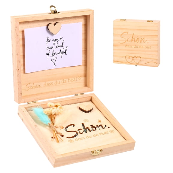 Wooden Wedding Money Present Box with Greeting Card and Dried Flowers Wedding Cash Present Box for Bride and Broom 5.5x5.5x1 in