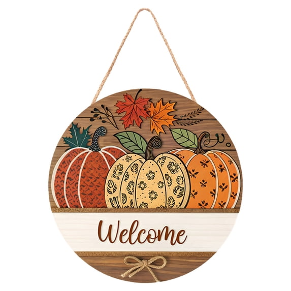 Wooden Welcome Door Sign with Rustic Pumpkin Design – Fall Thanksgiving Hanger for Home and Porch Decor