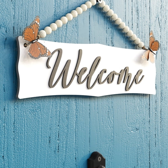 Wooden Welcome Sign for Front Door with Vivid Butterflies and Wood Beads String, 13"x3.6" Rustic Indoor Outdoor Hanging Wall Decor, Farmhouse Wreath for Porch