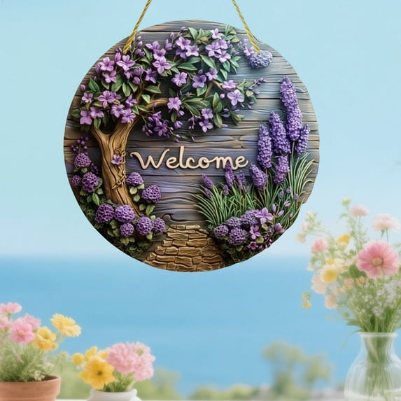 Wooden Welcome Sign with Lavender Design, 7.87x7.87 Inch Rustic Door Hanging with Jute Rope, Country Home Wall Decor
