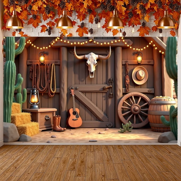Wooden Western Cowboy Banner Cactus Pattern Wild West Display Cow Skull Decor Ranch Party Backdrop for Cowboy Themed Parties Ranch Celebrations Wild West Events