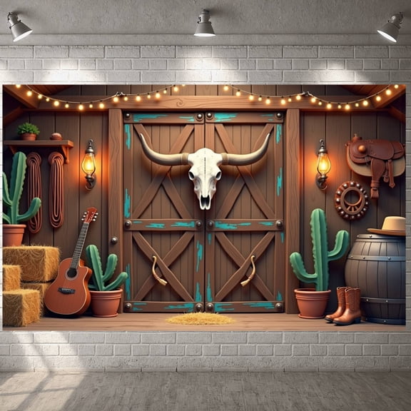 Wooden  Western Cowboy Banner Cactus Pattern Wild West Display Cow Skull Decor Ranch Party Backdrop for Cowboy Themed Parties Ranch Celebrations Wild West Events