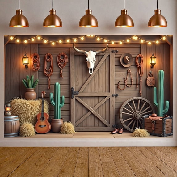 Wooden Western Cowboy Banner Cactus Pattern Wild West Display Cow Skull Decor Ranch Party Backdrop for Cowboy Themed Parties Ranch Celebrations Wild West Events
