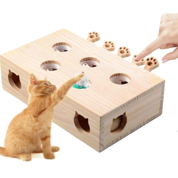 Wooden Whack-a-mole Interactive Cat Toy for Indoor Cats Interactive Pet Toy Box Cat Puzzle Toy for All Ages Cats for Indoor Play Exercise