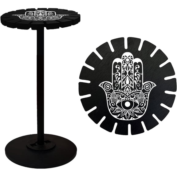 Wooden Wheel Wooden Display Shelf Black Holder Stand Rustic Divination Pendulum Storage Rack Witch Stuff Hamsa Hand Pattern Wheel: 120x8mm 2pcs Studdle: 288x12mm 1pc