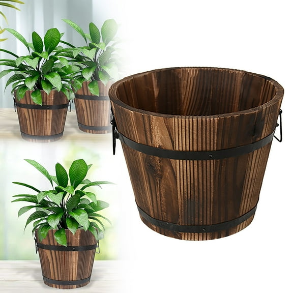Wooden Whiskey Barrel Planters, Barrel Planters for Outdoor Plants, Wooden Flower Planters Pots Boxes with Metal Handles, Planting Wood Buckets Festival Tree Pot for Indoor Outdoor Garden Home Plants
