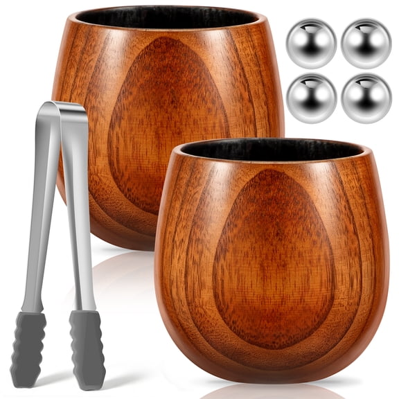 Charred Oak Wood Whiskey Glass Set of 2 with Stainless Steel Ice Balls, Bourbon Tumbler Gift for Men