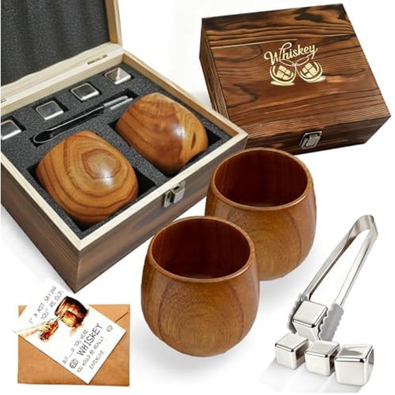 Wooden Whiskey Glasses Set of 2, Wooden Cognac Bourbon Drinking Glass Unbreakable Oak Whiskey Cups, Bourbon Drinking Glass Set Whiskey Cups for Bourbon Lovers Lawyer Hunter Retirement Father Boss