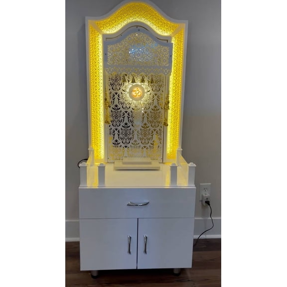 Wooden White Glossy Glitter Customized Designer Mandir / Wooden Temple With LED Lights | Mandir For Home And Office | Pooja Mandapam