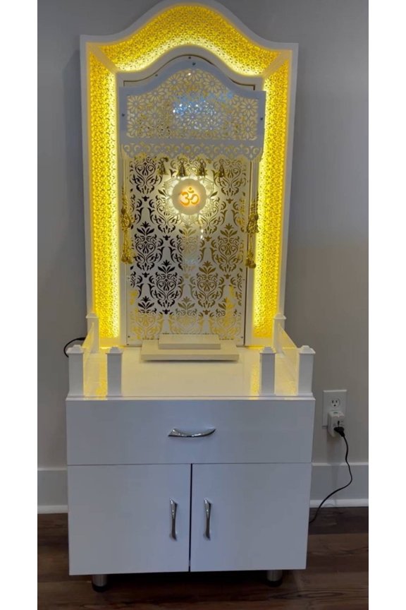 Wooden White Glossy Glitter Customized Designer Mandir / Wooden Temple With LED Lights | Mandir For Home And Office | Pooja Mandapam