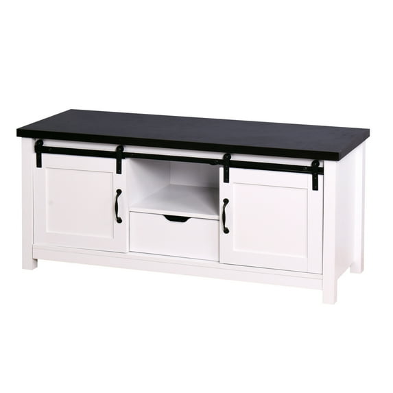 Wooden White Storage TV cabinet with 2 Sliding Barn Doors, Media Entertainment Center Console with Storage Shelf, Multi-Functional Farmhouse TV Stand with Spacious Tabletop for Living Room, Bedroom