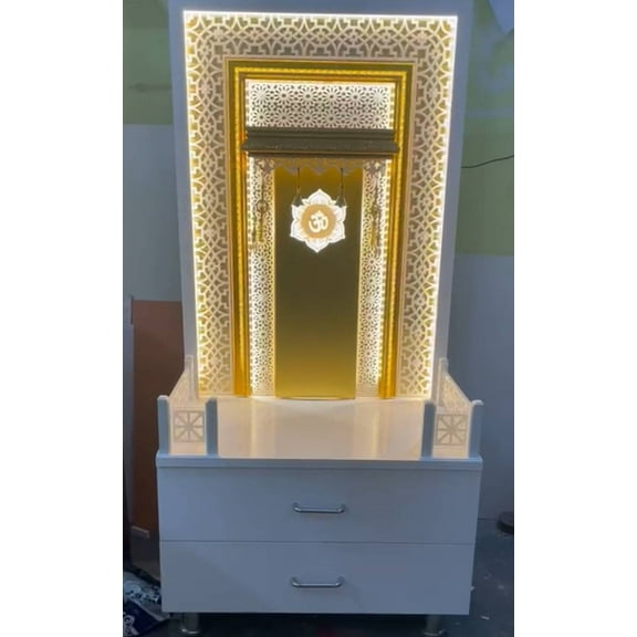 Wooden White Temple with LED Lights for Home|Home Temple|Puja Mandir |Table Top Home Mandir 24in (L) x 16in (B) x 50in (H)