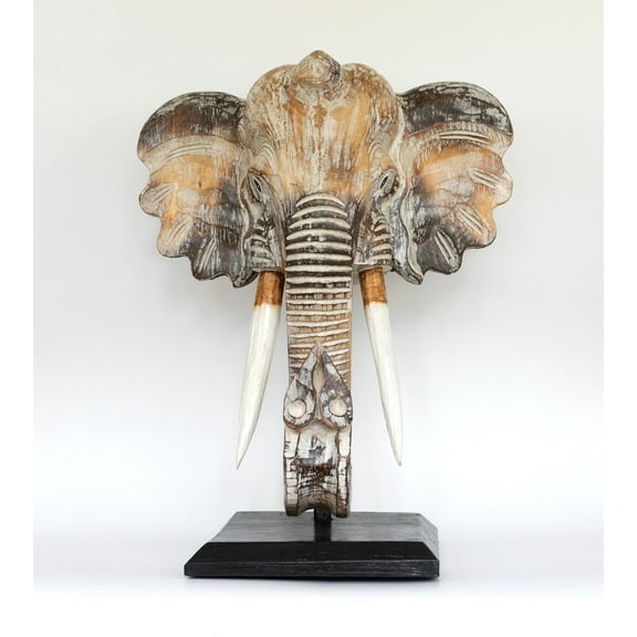 Wooden White Wash Elephant Mask Bust Statue on Stand Sculpture Figurine Home Decor Hand Carved Handmade Accent Handcrafted Decoration Wood Size: 18" tall x 15" wide x 8" deep