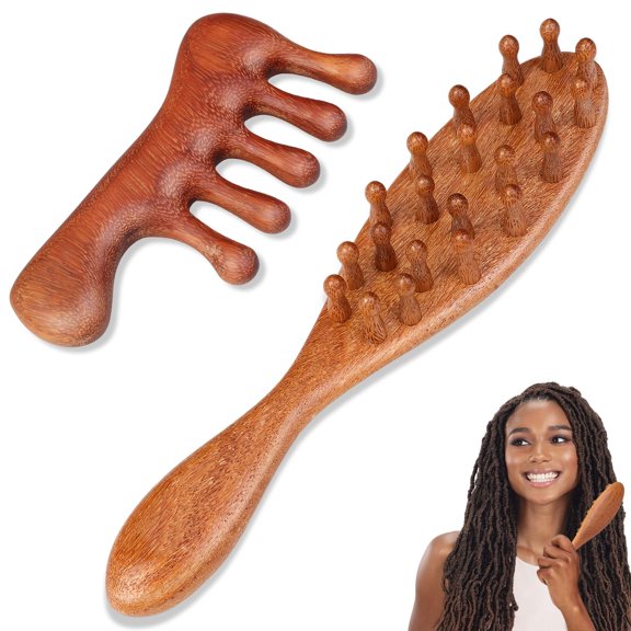 Wooden Wide Tooth Comb for Dreadlocks Scalp Massager Natural Sandalwood Hair Tool 2 Pack