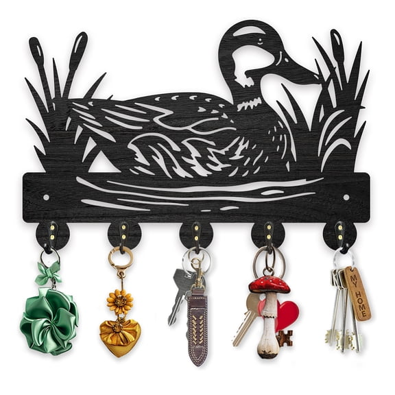 Wooden Wild Duck Coat Hooks Mallard Duck Reeds Key Holder for Wall 11.87.9inch Decorative Gift Lake Wall Key Rack Organizer 5 Alloy Hooks for Farm
