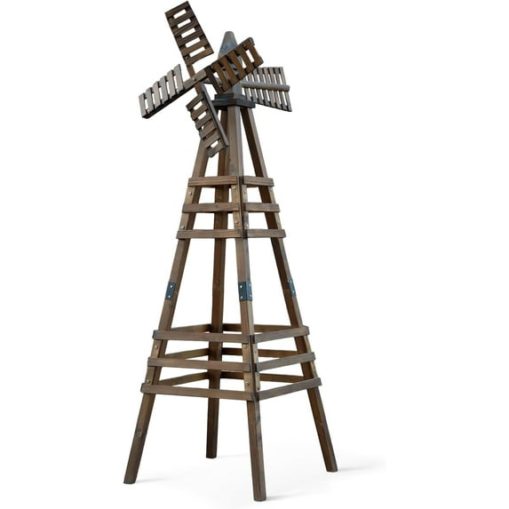Wooden Windmill, Weather-Proof Wind Spinner, Outdoor Wind Mill for Garden Lawn Patio Decoration (Carbonized, Medium)