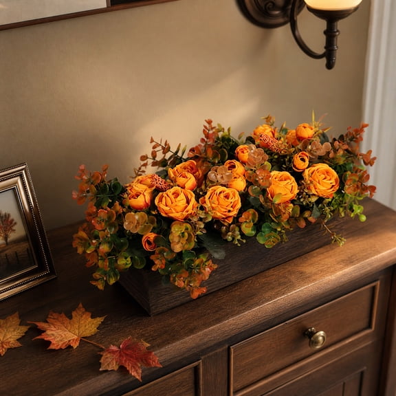 Wooden Window Box Artificial Orange Rose Fall Floral Planter Thanksgiving