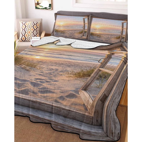 Wooden Window Coastal Full Size Down Alternative Comforter, Lightweight Comforter Quilt Bedding Set with Pillow Shams Seaside Summer Beach Sunset All Seasons Bed Comforter Duvet Insert 78"x90"