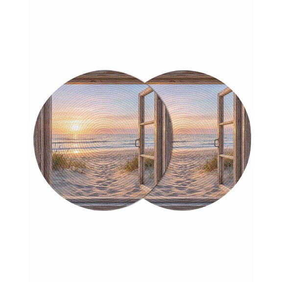 Wooden Window Coastal Round 13 Inch Placemats Set of 2, Seaside Summer Beach Sunset HeatResistant Non Slip Place Mats for Dining Table, Wipeable Braided Kitchen Table Mats for Housewarming