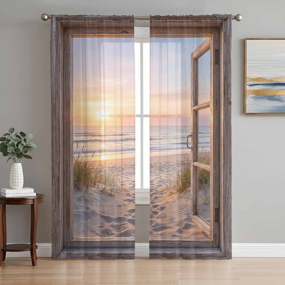 Wooden Window Coastal Sheer Curtains 63 Inch Length 2 Panels Set, Seaside Summer Beach Sunset Voile Window Treatment Rod Pocket Curtains Sheers Drapes for Bedroom/Living Room/Kitchen 52x"63"x2
